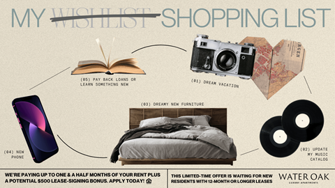 a poster of a bed with a book and headphones and a camera